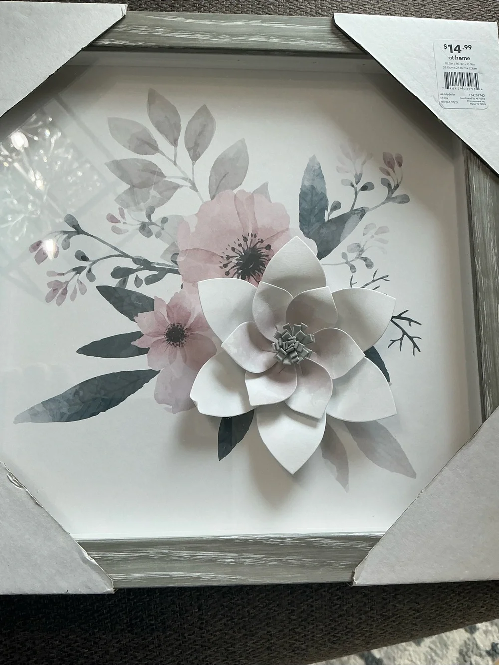 3D Floral Wall Art Picture Frame in White and Pink with gray frame